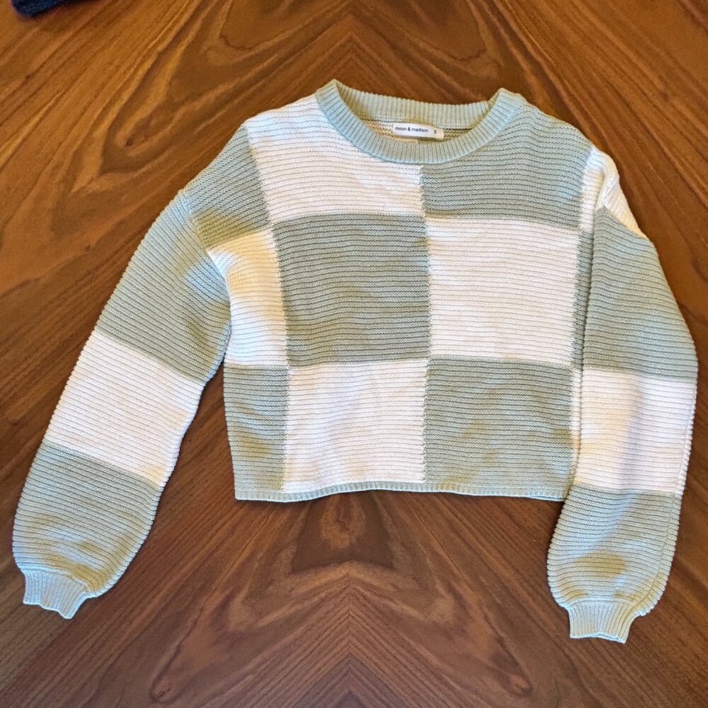 Girls Teal and White Oversize Check Cropped Sweater